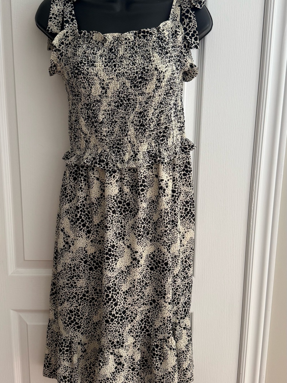 Smocked Midi Dress in Black and Cream